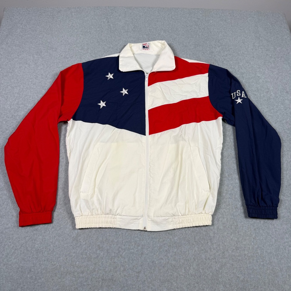 Alan Stuart USA Vintage Windbreaker Jacket Medium Flag Patriotic Stars Striped